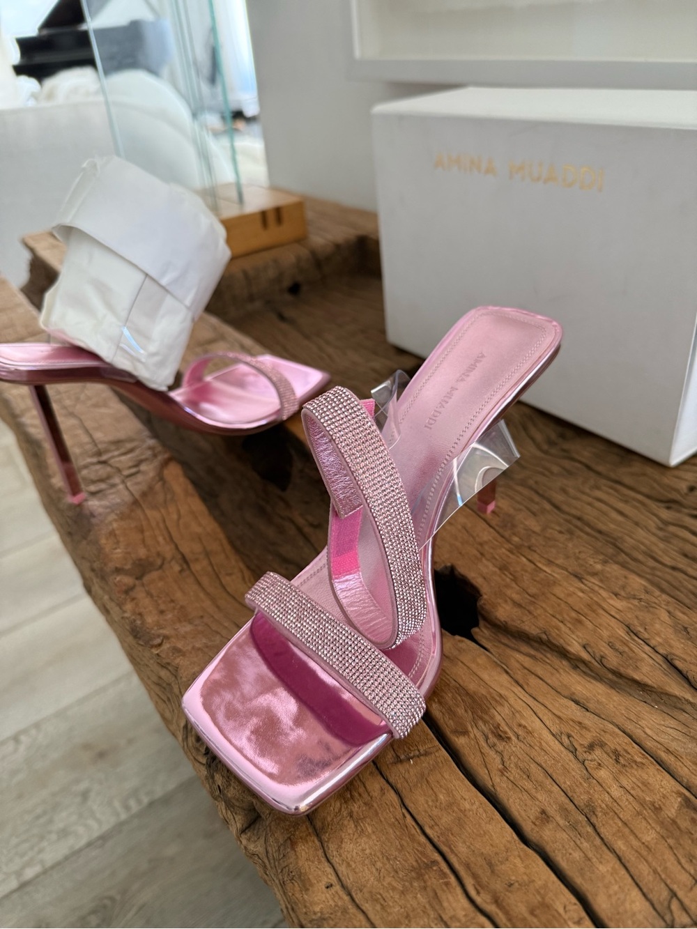 AMINA MUADDI Pink Rhinestone Ankle-Strap High Heel Sandals - Picture 8 of 16